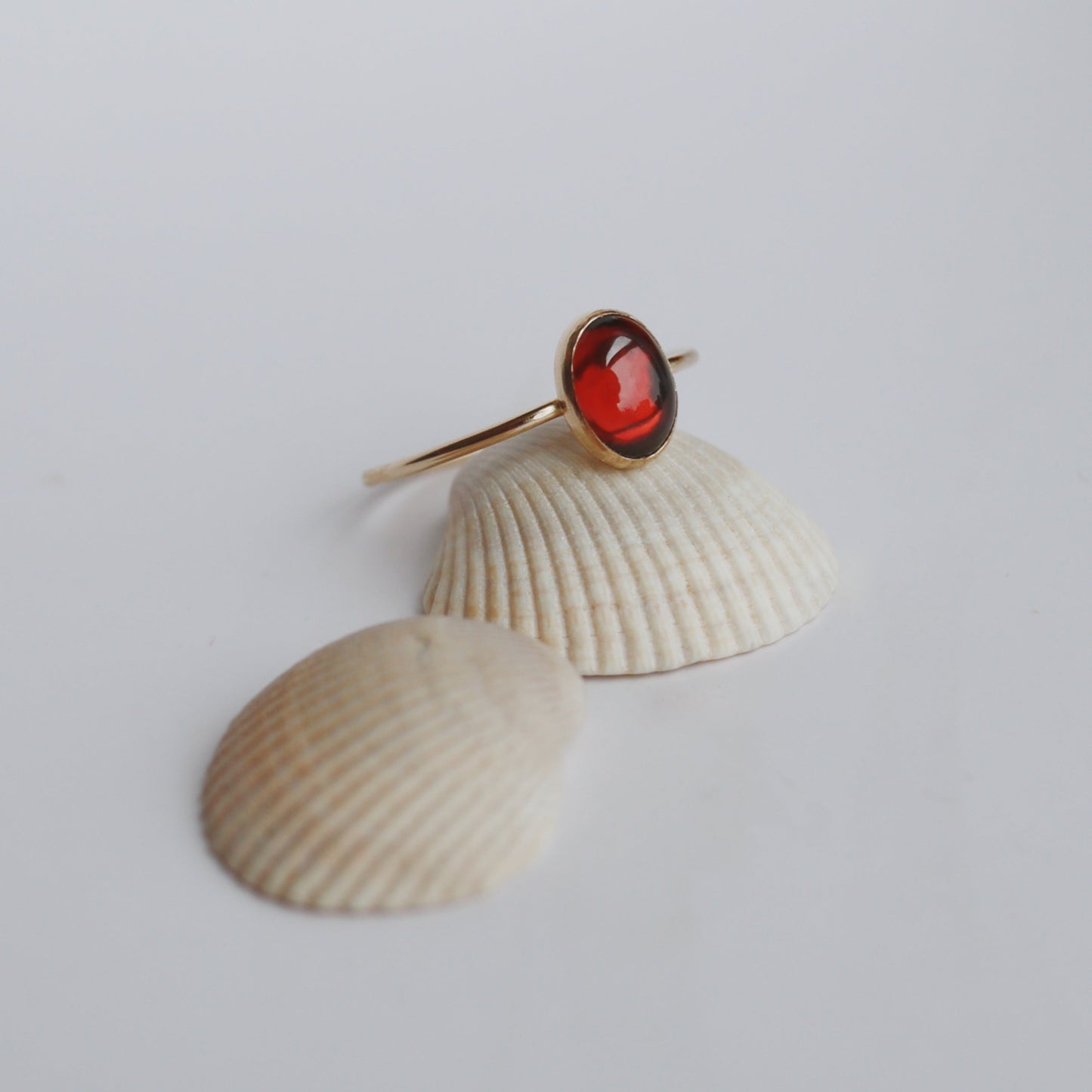 Gold ring with a red stone on a white shell against a light gray background